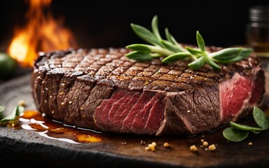 A Juicy Steak Sizzling Over a Fiery Background