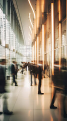 Blurred Silhouettes of Business People in lobby of modern business center. Abstract light motion blur effects, vertical format