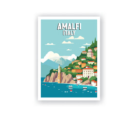 Amalfi Illustration Art. Travel Poster Wall Art. Minimalist Vector art. Vector Style. Template of Illustration Graphic Modern Poster for art prints or banner design.