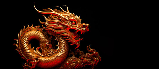 2024 Chinese new year, year of the dragon banner template design with traditional golden Chinese dragon on black background. 