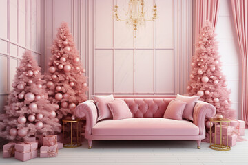 Pink living room interior decorated for christmas