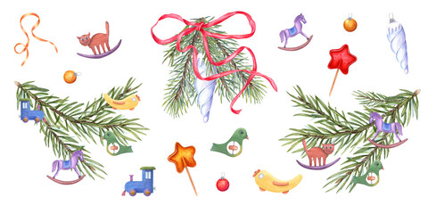 Christmas Tree Branch decorated with Xmas tree toys. Xmas glass icicle blue toy, Airplane, Train, Bird, Horse. Kid Wooden Decorations on Spruce Branch. Watercolor illustration. New Year cards.