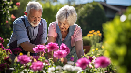 Obraz premium An elderly couple joyfully tends to their vibrant garden, surrounded by blooming flowers and lush greenery.