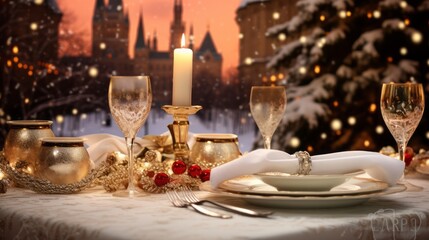 Festive table setting with candles and Christmas decor on the background of the old city