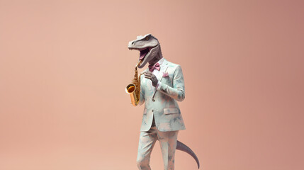 Abstract, modern, dinosaur plays trumpet in a jazz band standing and posing as a human. Trendy modern hipster, animal in fashion suit.