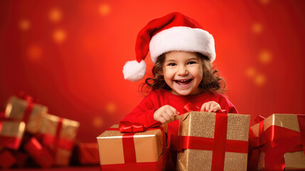 A delighted young girl in a Santa hat holds a festive red gift, her joyous smile shining brightly against a glowing red background