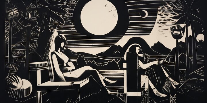Woodcut of Two Women Relaxing on the Beach at a Tropical Resort. From the series “Tropiciana."