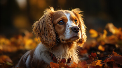 Cavalier King Charles Spaniel Puppy's Enchanted Autumn Walk - Generative AI