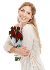 Isolated woman, portrait and bouquet of roses, smile and hug for present by transparent png background. Girl, flowers and happy for valentines day, birthday or celebration with pride, gift and love