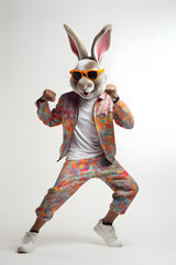 Abstract, modern, Easter bunny dancing and posing like a man. Modern hipsters, animals in fashionable suits.