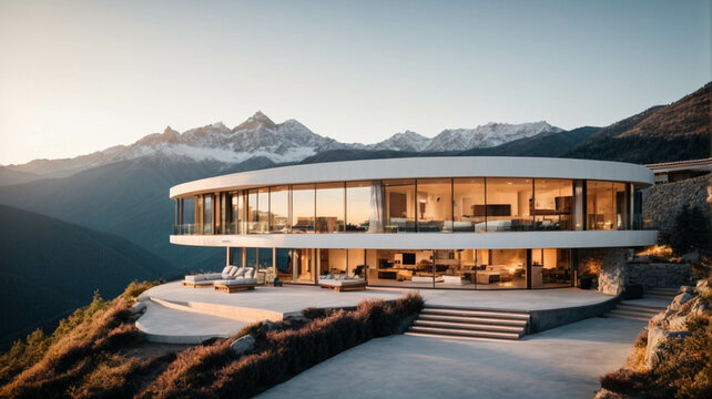 Modern exterior of a luxury villa in a minimal style. Glass house in the mountains. Magnificent mountain views from the veranda of a modern villa. Luxury glampin