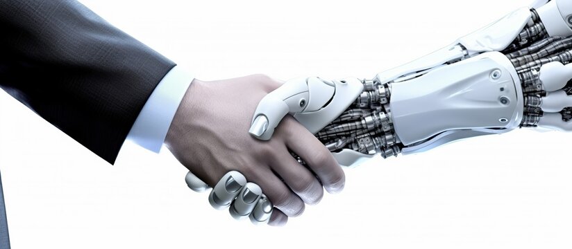Rendering 3D humanoid robot handshake with human hand. AI generated