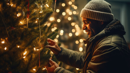 Happy man single-handedly decorates a Christmas tree
