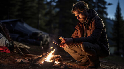 A bearded man sits by a campfire in a forested area, using his smartphone, with a tent behind him and a thermos bottle beside him.