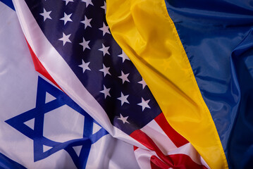 Official state flags of United States of America and Israel Unitary parliamentary republic and Ukraine republic. Waved state flags background.