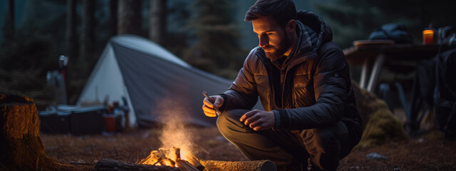 A bearded man sits by a campfire in a forested area, using his smartphone, with a tent behind him and a thermos bottle beside him.