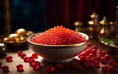 A Bowl of Vibrant Red Beads on a Wooden Table