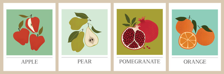 Fruits posters set. Abstract pomegranate, pear, apple and orange wall art print. Modern minimal style vector arrangements for cover, package design, greeting card, invitation, or wall decor.