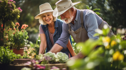 An elderly couple joyfully tends to their vibrant garden, surrounded by blooming flowers and lush greenery.