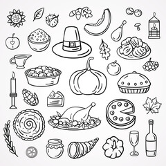 Set of hand-drawn Thanksgiving images. Doodle Thanksgiving set. Fall doodle images .