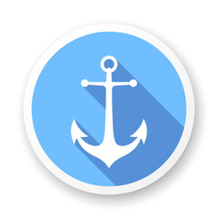 Anchor long shadow icon. Stylized white glyph on blue background.  Best for web, print, logo creating and branding design.