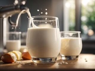 A Refreshing Pour of Creamy Milk into a Crystal Clear Glass