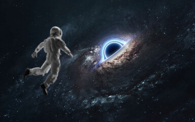 Fototapeta na wymiar 3D illustration of black hole and astronaut. 5K realistic science fiction art. Elements of image provided by Nasa