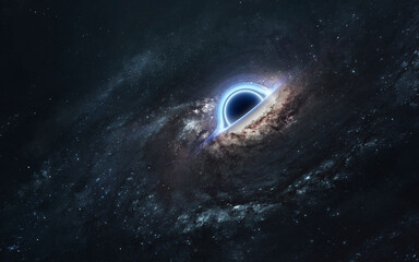 3D illustration of black hole in deep space. 5K realistic science fiction art. Elements of image provided by Nasa - 672373339