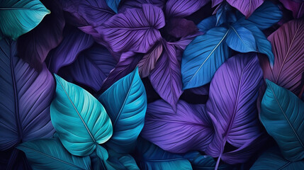  a bunch of purple and blue leaves with green leaves on them.  generative ai - obrazy, fototapety, plakaty
