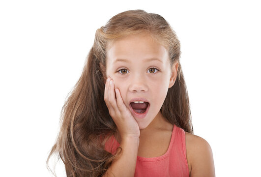 Young girl, surprise and shock face in wow portrait for gossip, fake news and studio mockup. Child, hand or mouth open for omg emoji, sale announcement or isolated on transparent png background