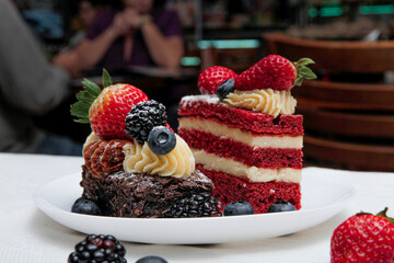 strawberry cake with cream, raspberry and strawberry