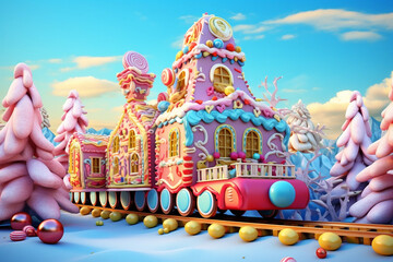 
Christmas Gingerbread Train, Fantasy, Put train on the train decorated with lots of candy, Candy tree forest. with a VERY Sunny and bright blue sky,