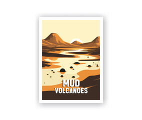 Mud Volcanoes Illustration Art. Travel Poster Wall Art. Minimalist Vector art. Vector Style. Template of Illustration Graphic Modern Poster for art prints or banner design.