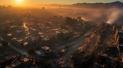 From above, a drone surveys the destroyed cityscape, a testament to the relentless force that razed it to ruins