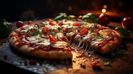 Pizza with mozzarella cheese, tomato and basil on a black background