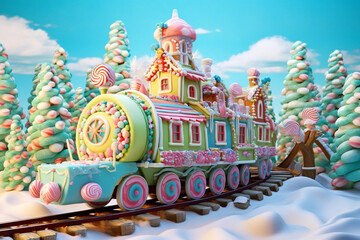 
Christmas Gingerbread Train, Fantasy, Put train on the train decorated with lots of candy, Candy tree forest. with a VERY Sunny and bright blue sky,