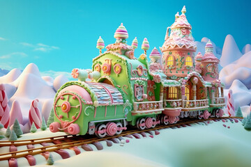 
Christmas Gingerbread Train, Fantasy, Put train on the train decorated with lots of candy, Candy tree forest. with a VERY Sunny and bright blue sky,