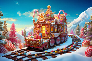 
Christmas Gingerbread Train, Fantasy, Put train on the train decorated with lots of candy, Candy tree forest. with a VERY Sunny and bright blue sky,