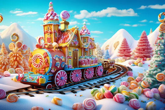
Christmas Gingerbread Train, Fantasy, Put train on the train decorated with lots of candy, Candy tree forest. with a VERY Sunny and bright blue sky,