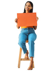 Happy woman, portrait and poster mockup for marketing, information and news or announcement on a chair. Young person with presentation and space for opportunity isolated on transparent png background
