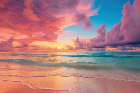 Pink sunset landscape over the ocean and beach. Thick clouds and blue water in the background.