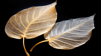  two large leaf shaped leaves on a black background with a black background.  generative ai
