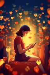 A young woman holding a smartphone, thinking about matters of the heart. The concept of love and romance on the internet and social media.