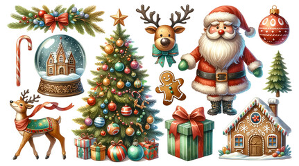 Festive Christmas elements with Santa Claus, reindeer, tree, gingerbread house, holiday ornaments on a white background, watercolor clipart, isolated - obrazy, fototapety, plakaty