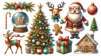 Foto op Canvas Festive Christmas elements with Santa Claus, reindeer, tree, gingerbread house, holiday ornaments on a white background, watercolor clipart, isolated © Artyom