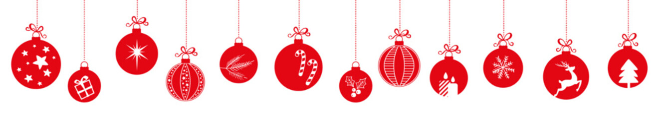 Hanging baubles with christmas greeting text. Vector seamless garland. - 672374965