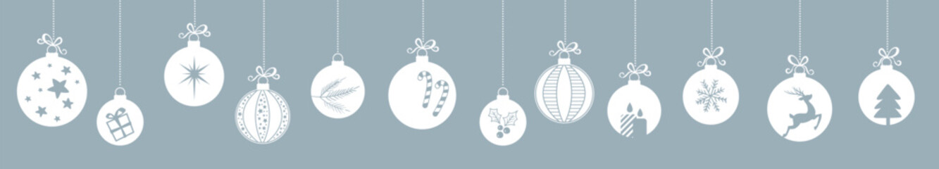 Hanging baubles with christmas greeting text. Vector seamless garland. - 672374991