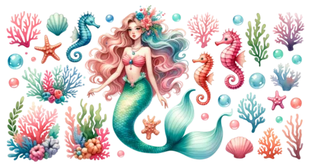 Foto op Plexiglas Whimsical illustration of mermaid with flowing multi-colored hair, marine life like seahorses, starfish, vibrant corals, watercolor clipart, isolated © Artyom