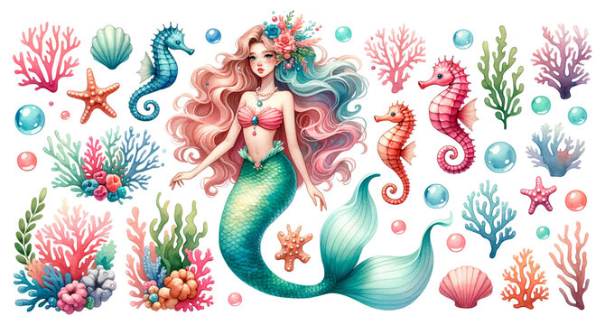 Whimsical illustration of mermaid with flowing multi-colored hair, marine life like seahorses, starfish, vibrant corals, watercolor clipart, isolated