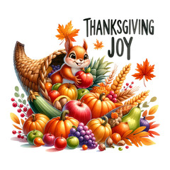 Naklejka premium Jubilant squirrel nestled among bountiful harvest in basket, Thanksgiving Joy quote, watercolor clipart, isolated
